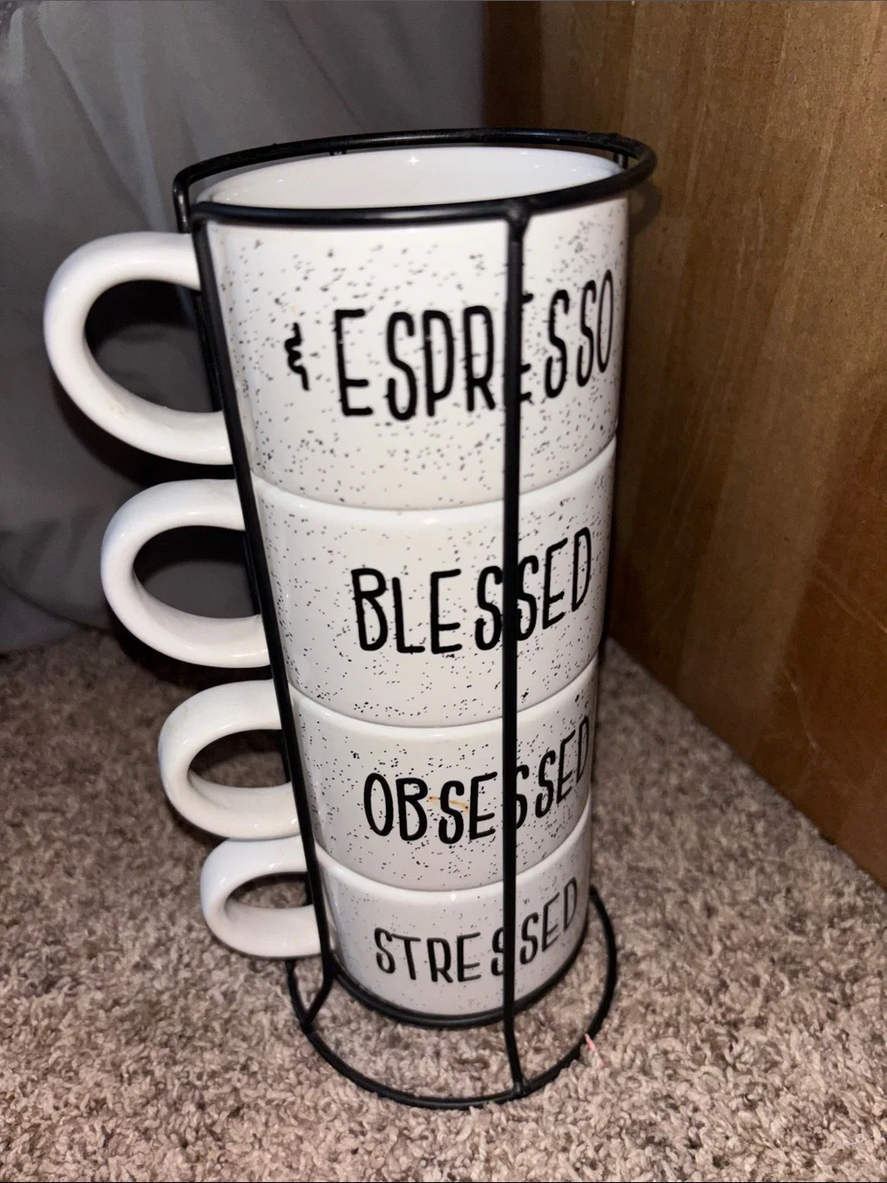 Set of 4 White Ceramic Espresso Mugs with Black Metal Holder